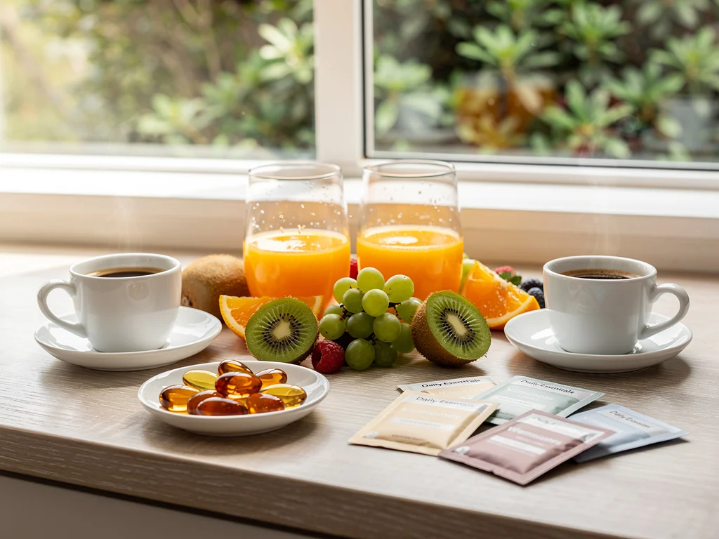 Two-place breakfast for two adults on a sunlit New Zealand kitchen counter: bright orange fruit juice in two small glasses, fresh fruit, espresso, supplement sachets and capsules, soft morning light