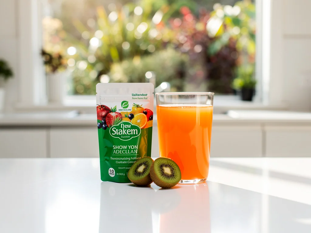 Single supplement sachet beside a glass of bright fruit drink and a sliced kiwifruit on a clean white New Zealand kitchen counter, soft Auckland morning light