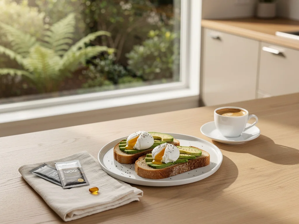 New Zealand kitchen breakfast: poached eggs on sourdough with avocado, espresso, supplement sachets and a soft-gel capsule, soft morning light