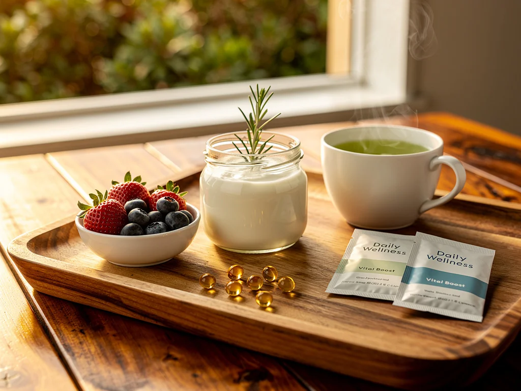 New Zealand wooden breakfast tray with strawberries, blueberries, greek yoghurt, green tea, soft-gel capsules and supplement sachets, soft autumn morning light through a window with green native bush