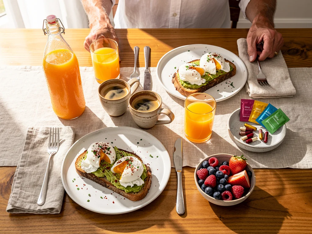 Overhead weekend brunch for two mature New Zealand adults: avocado toast with poached eggs, espresso, bright orange superfruit juice, supplement sachets and capsules, fresh berries, warm timber dining table, soft window light