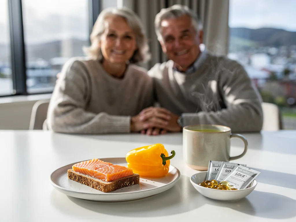 Mature couple sharing a Wellington winter breakfast of salmon on rye, capsicum, supplement sachets and soft-gel capsules, ceramic mug of green tea, soft window light