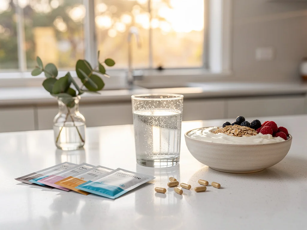 Daily supplement sachets and soft gel capsules beside a healthy breakfast bowl in a bright Australian kitchen, soft morning light