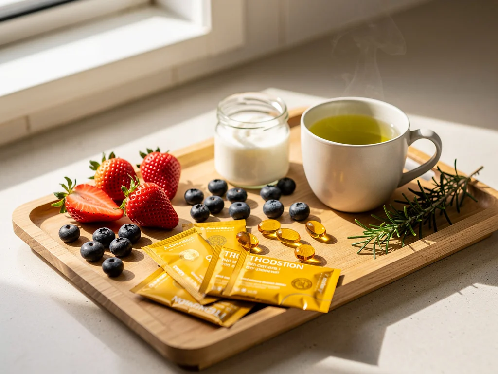 Wooden breakfast tray with strawberries, blueberries, a small jar of yoghurt, a cup of green tea, soft-gel capsules, supplement sachets, and a sprig of rosemary in soft Australian morning light