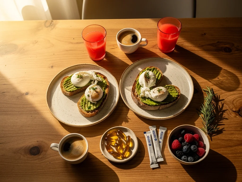 Overhead shot of a weekend brunch for two adults — avocado toast with poached eggs, espresso, bright fruit juice, supplement capsules, sachets and fresh berries on a warm timber Australian dining table