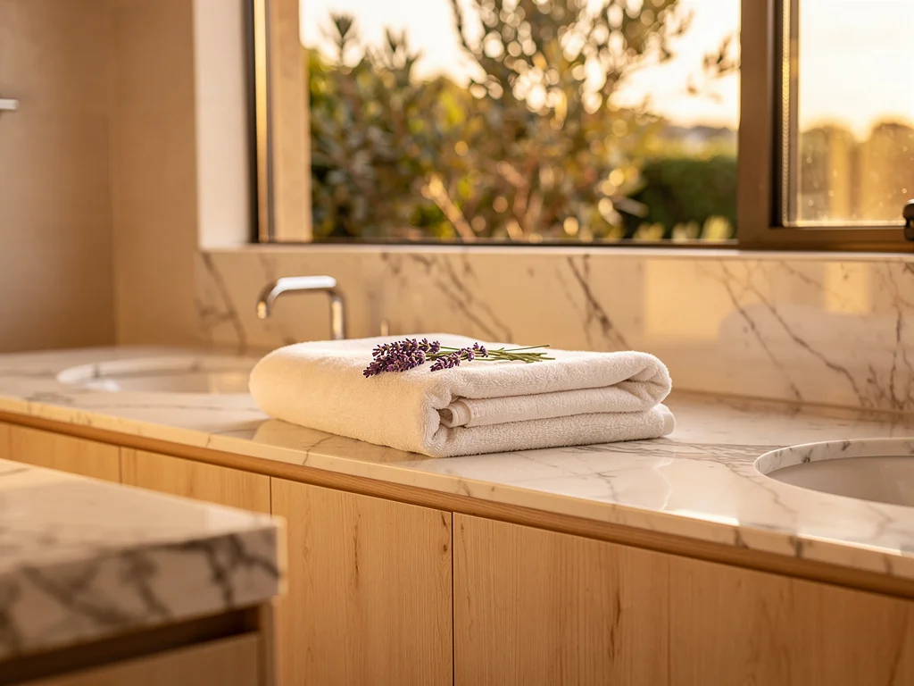 Soft golden morning light on a luxurious Australian bathroom marble counter with two folded white towels and fresh lavender, dual vanity in light timber, native foliage outside the window, premium self-care ritual atmosphere
