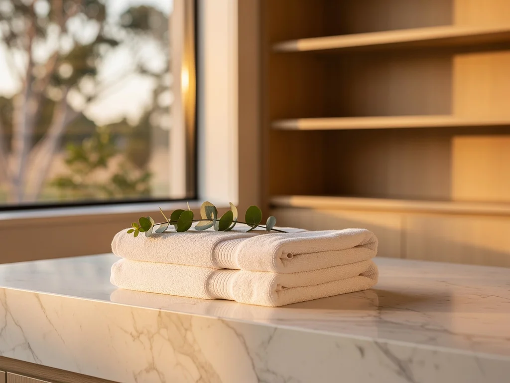 Soft golden Australian evening light on a luxurious home spa bathroom vanity with two folded warm white towels and a fresh sprig of eucalyptus on a white marble counter, light timber shelving in the background, native Australian foliage softly visible outside the window
