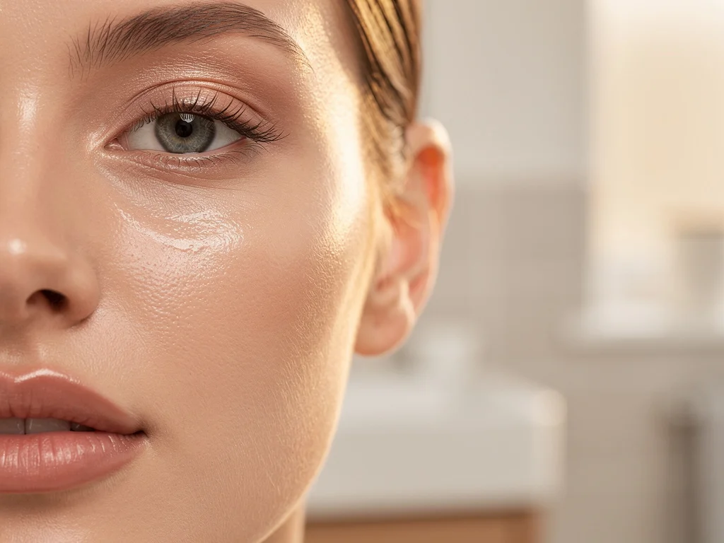 Close-up of fresh dewy under-eye and lip-contour skin with soft natural morning light, gentle skincare routine focused on the eye area, clean Australian coastal bathroom in the soft background