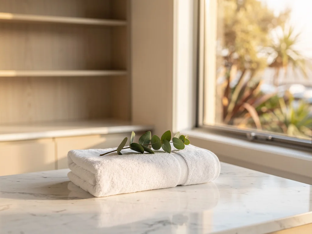 Soft morning light on a white marble bathroom counter with a folded white towel and fresh eucalyptus sprig, native Australian foliage outside the window, clean coastal skincare-routine atmosphere
