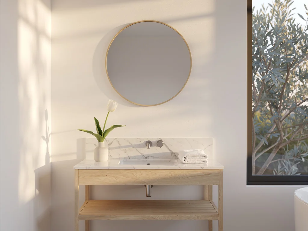 Soft morning light on an Australian coastal-style bathroom vanity with a round mirror, white tulip in a small vase and a folded white towel on a marble counter, native eucalyptus foliage outside the window