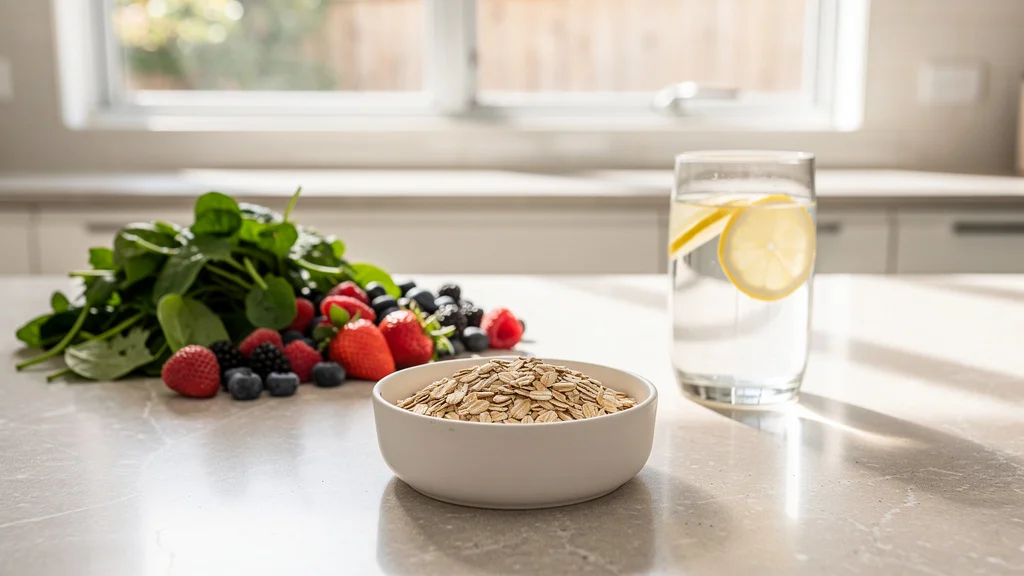 Healthy morning routine on an Australian kitchen counter — water with lemon, fresh greens, oats, natural daylight, balanced nutrition wellness scene