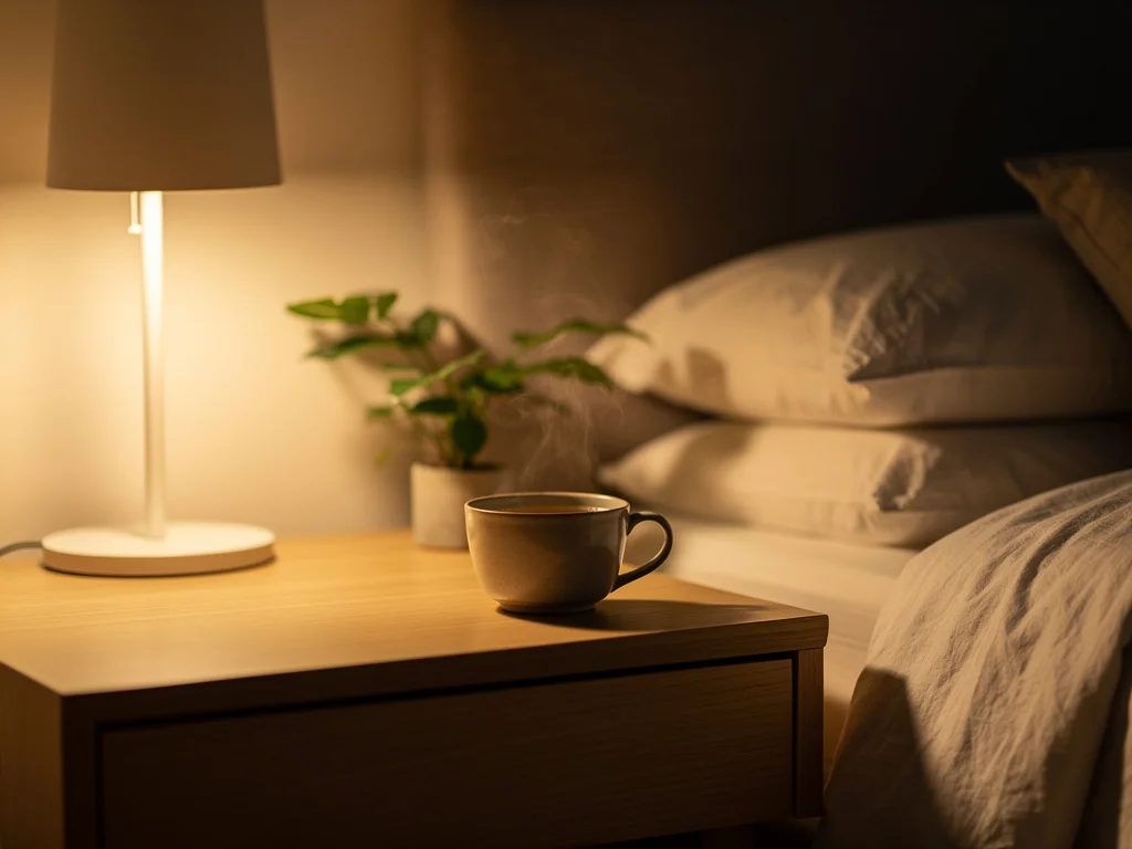 Quiet Australian bedroom with herbal tea on a nightstand under warm lamp light — the kind of evening wind-down R² Night is designed to support