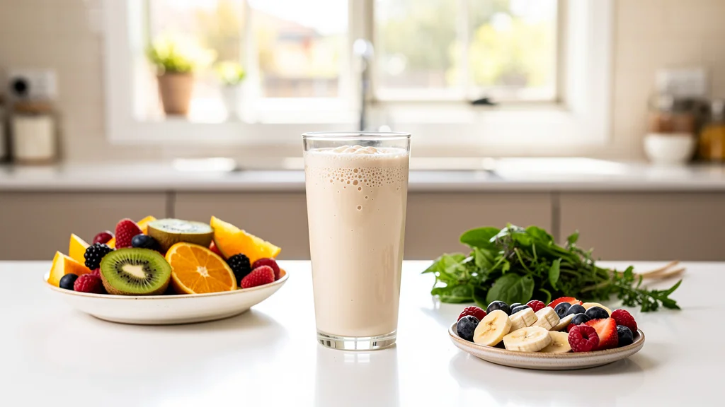 Healthy morning breakfast scene with a plant-based protein shake, fresh berries, banana slices, and leafy greens on a clean Australian kitchen counter, natural daylight
