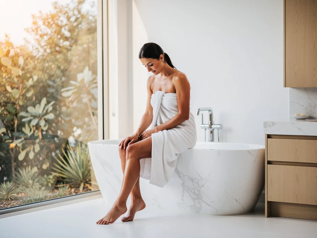 Relaxed Australian woman wrapped in a soft white towel sitting on the edge of a white marble bathtub in a bright modern coastal-style bathroom, soft warm morning light, native Australian foliage outside the window, calm body self-care moment