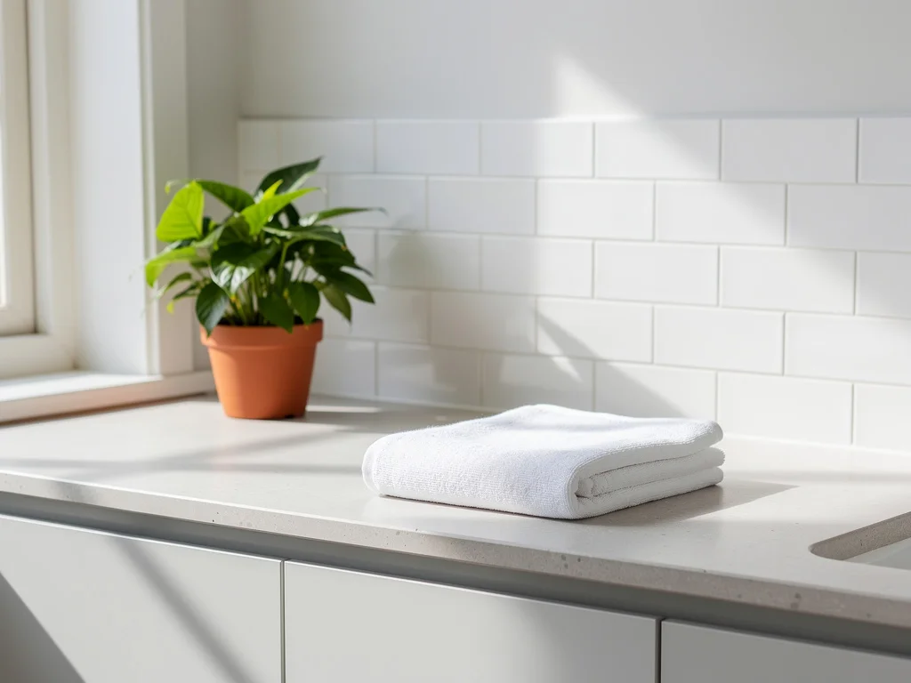 Bright morning daylight on a clean minimalist Australian bathroom counter with a folded white face cloth and a small green plant in a terracotta pot, white subway tile, simple uncluttered fresh aesthetic