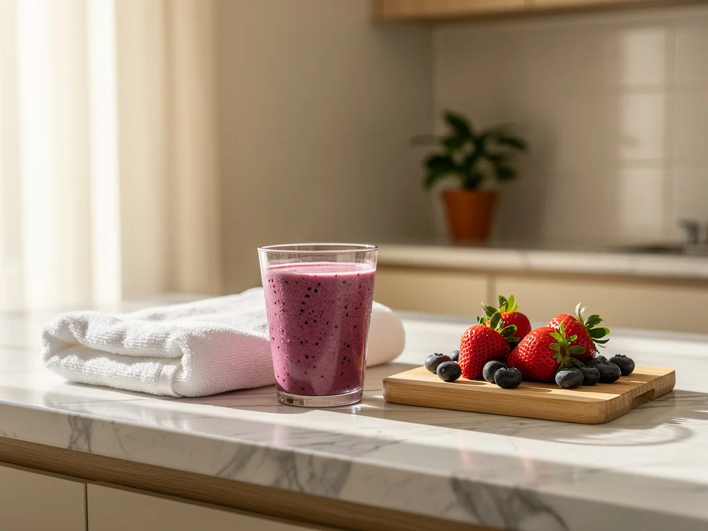 Soft morning light on an Australian kitchen marble counter with a glass of fresh berry smoothie next to a folded white face cloth and a small wooden board of strawberries and blueberries, a small green plant in a terracotta pot in the background, inside-out wellness lifestyle aesthetic